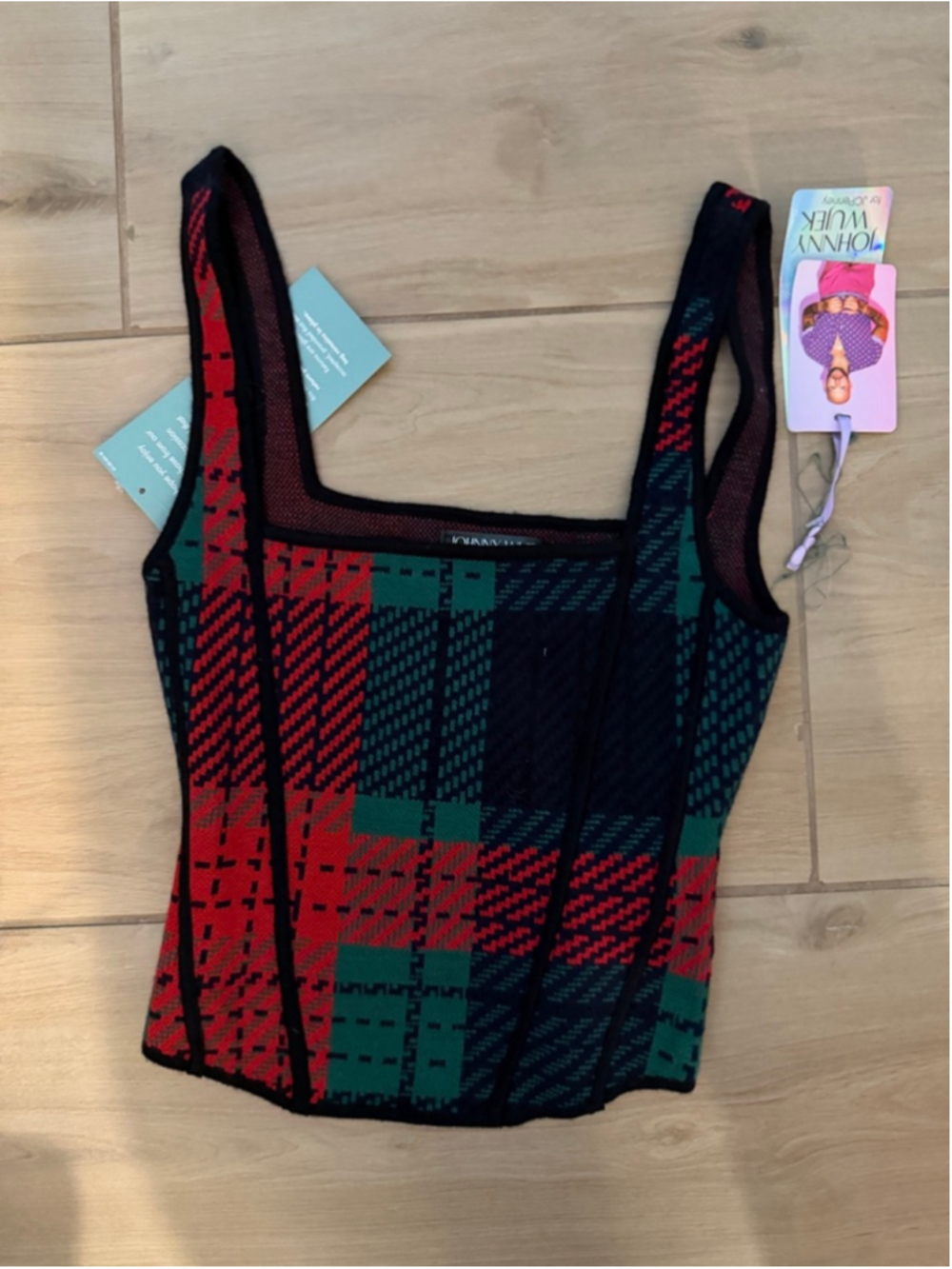 NEW Johnny Wujek Holiday Plaid Crop Top Tank Red Green XS $39